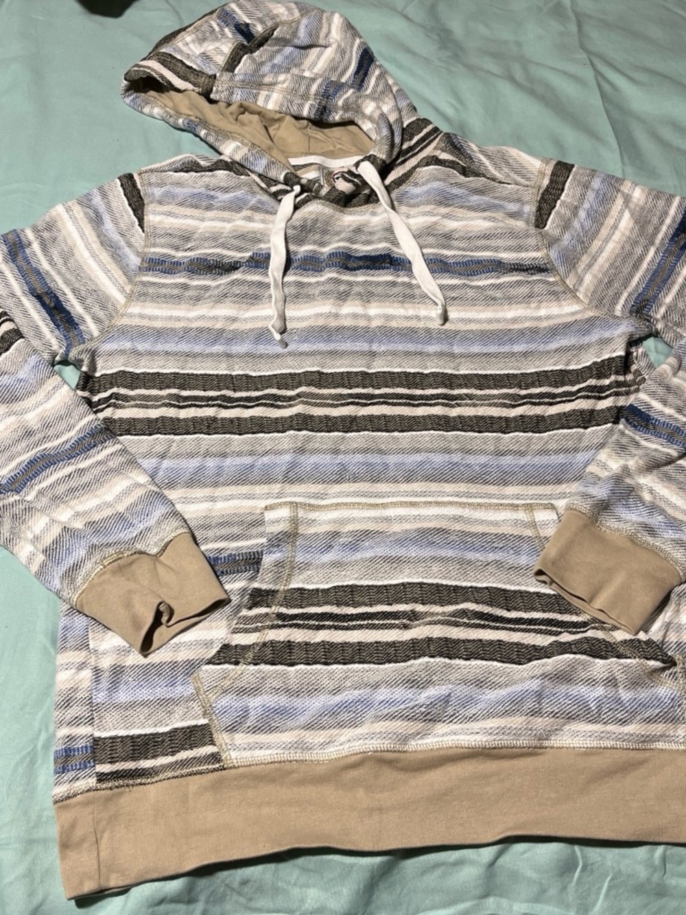 Striped Hooded Pullover Sweatshirt - Blue, Gray & Tan